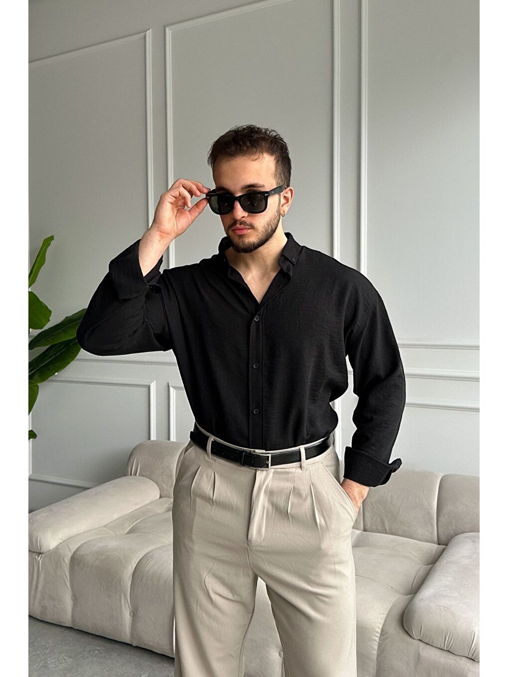 Siyah Napas Erkek Oversize Keten Görünümlü Gömlek-6