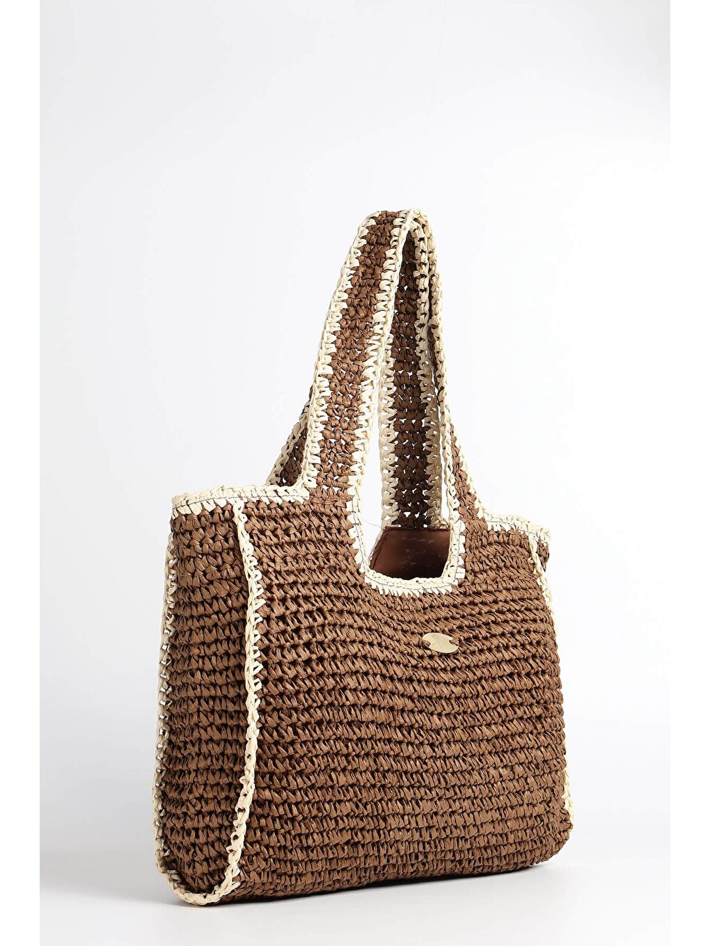 İmza Detaylı Çift Renk Kahverengi Bej Örme Hasır Çanta 1041-2