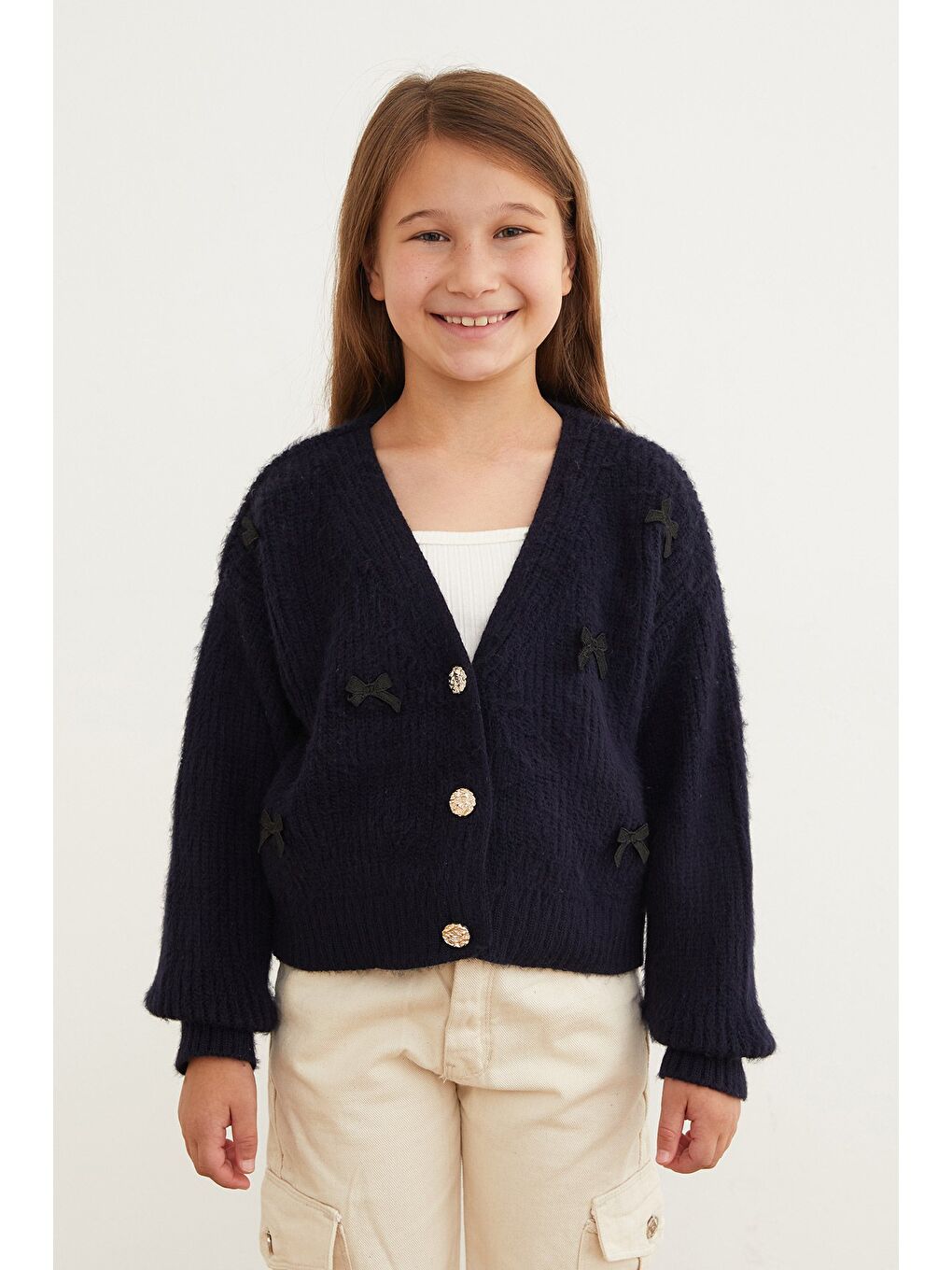 Lacivert Kurdele Nakışlı Düğmeli Kız Çocuk Hırka-4