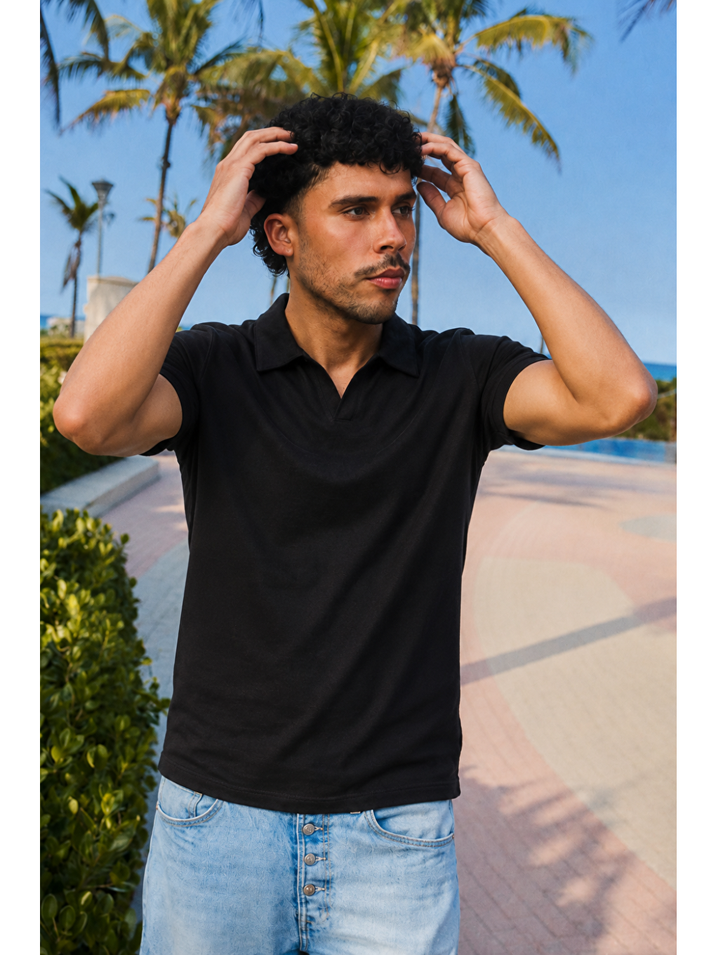 Erkek Trend Polo Yaka Günlük Siyah Tişört-2