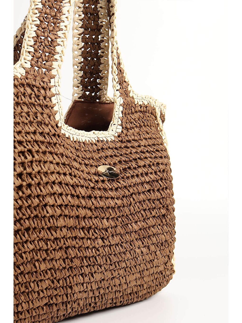 İmza Detaylı Çift Renk Kahverengi Bej Örme Hasır Çanta 1041-3