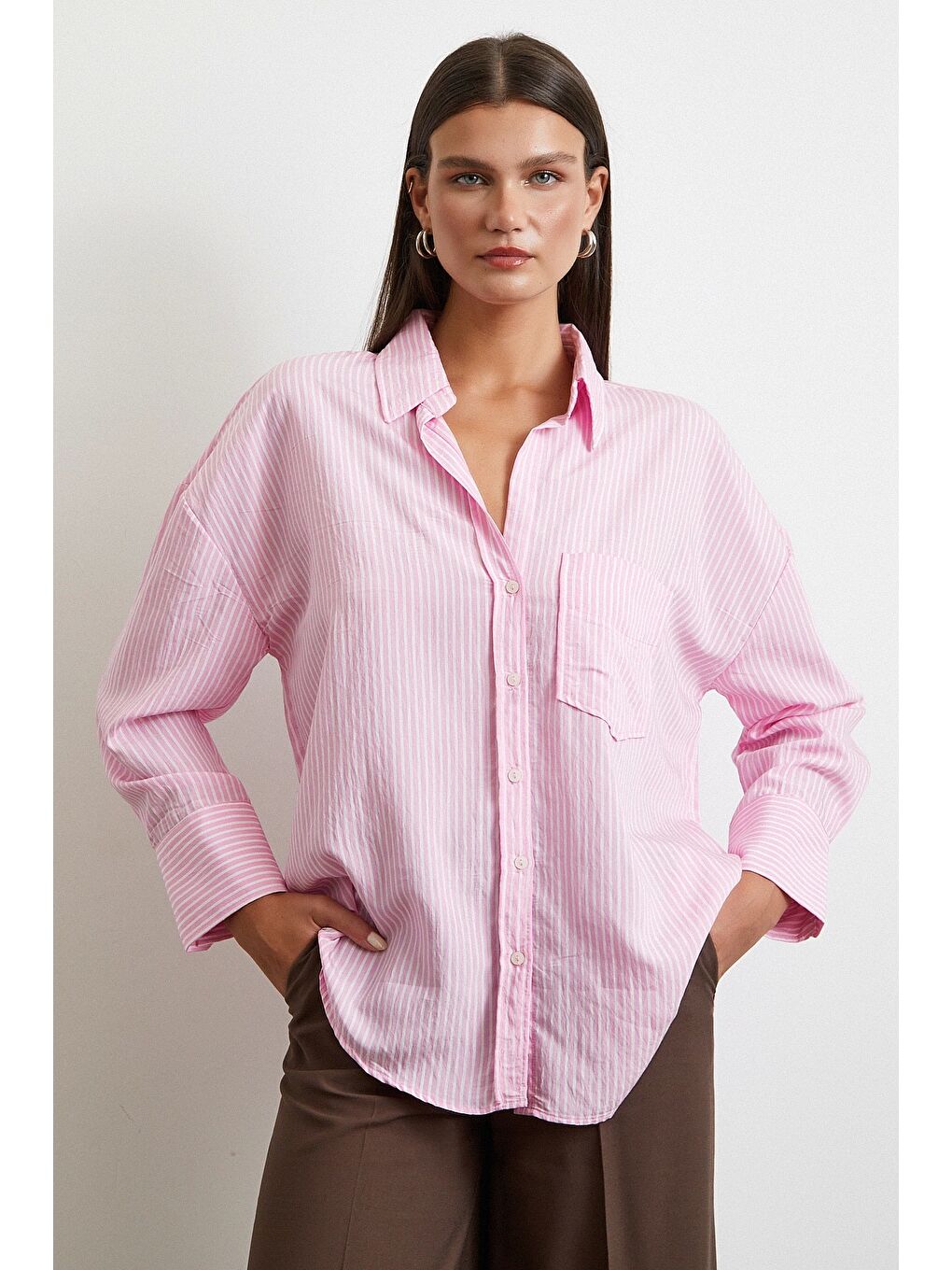 Çizgili Oversize Gömlek Pembe
