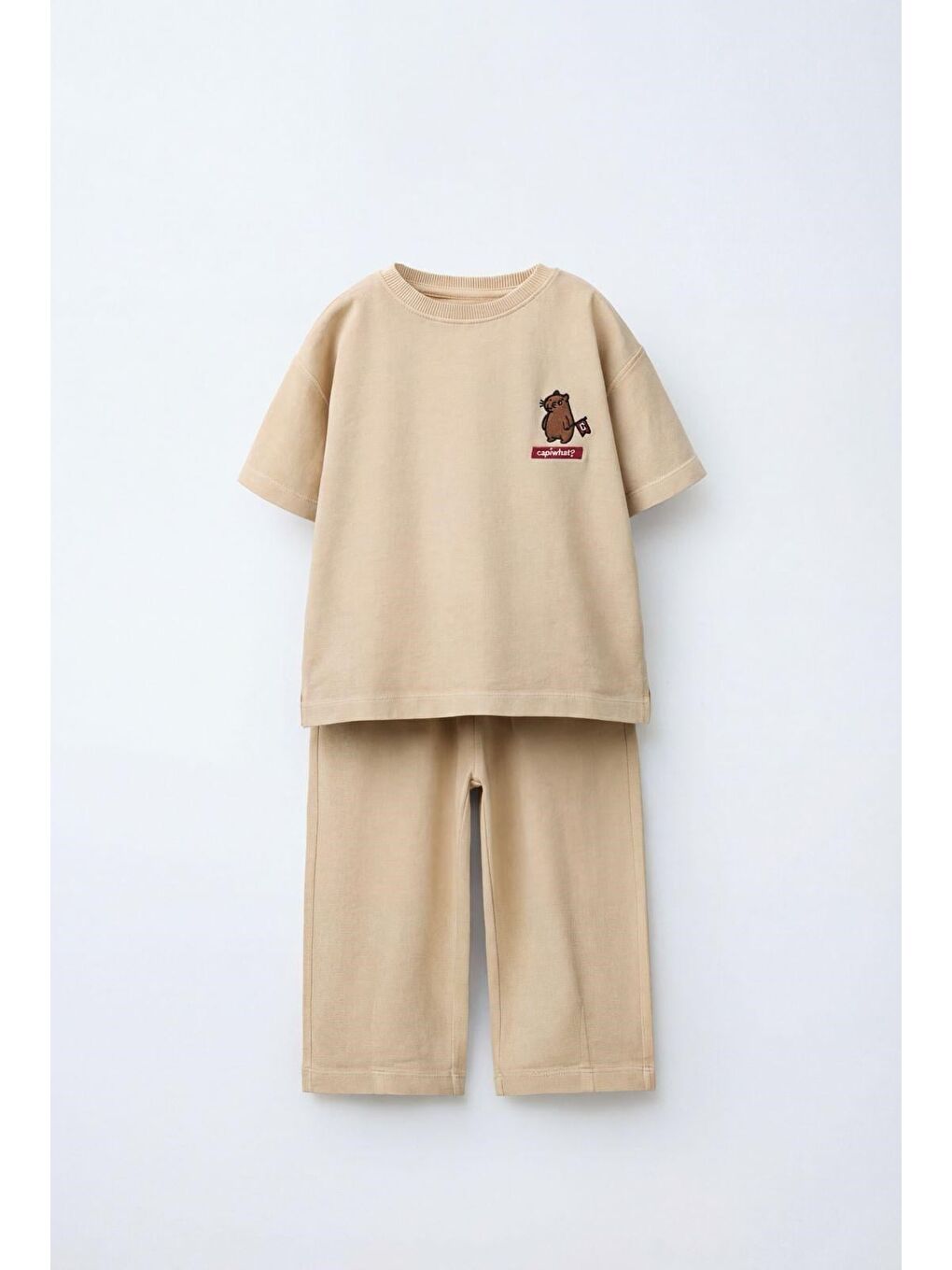 Sarı Unisex Çocuk Pamuklu Bej Detaylı Tişört Eşofman Takım