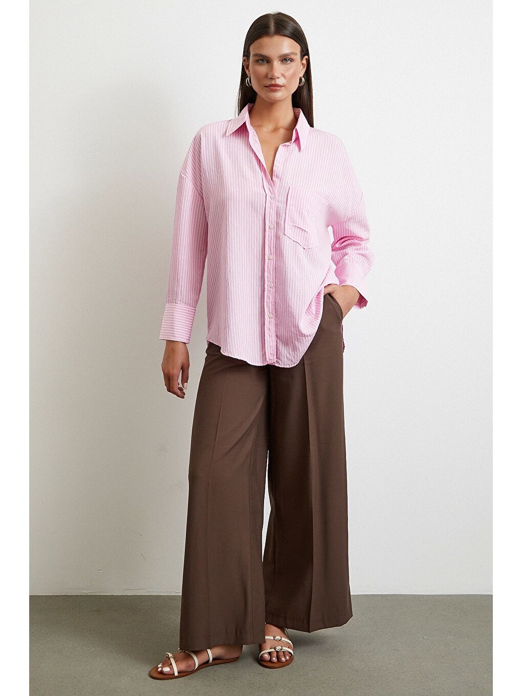 Çizgili Oversize Gömlek Pembe-1