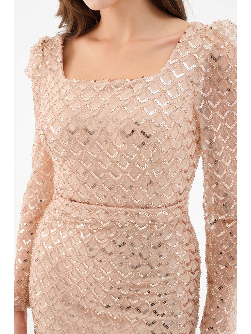 Kadın Bej Kare Yaka Uzun Kollu Boncuklu Uzun Abiye Elbise-2