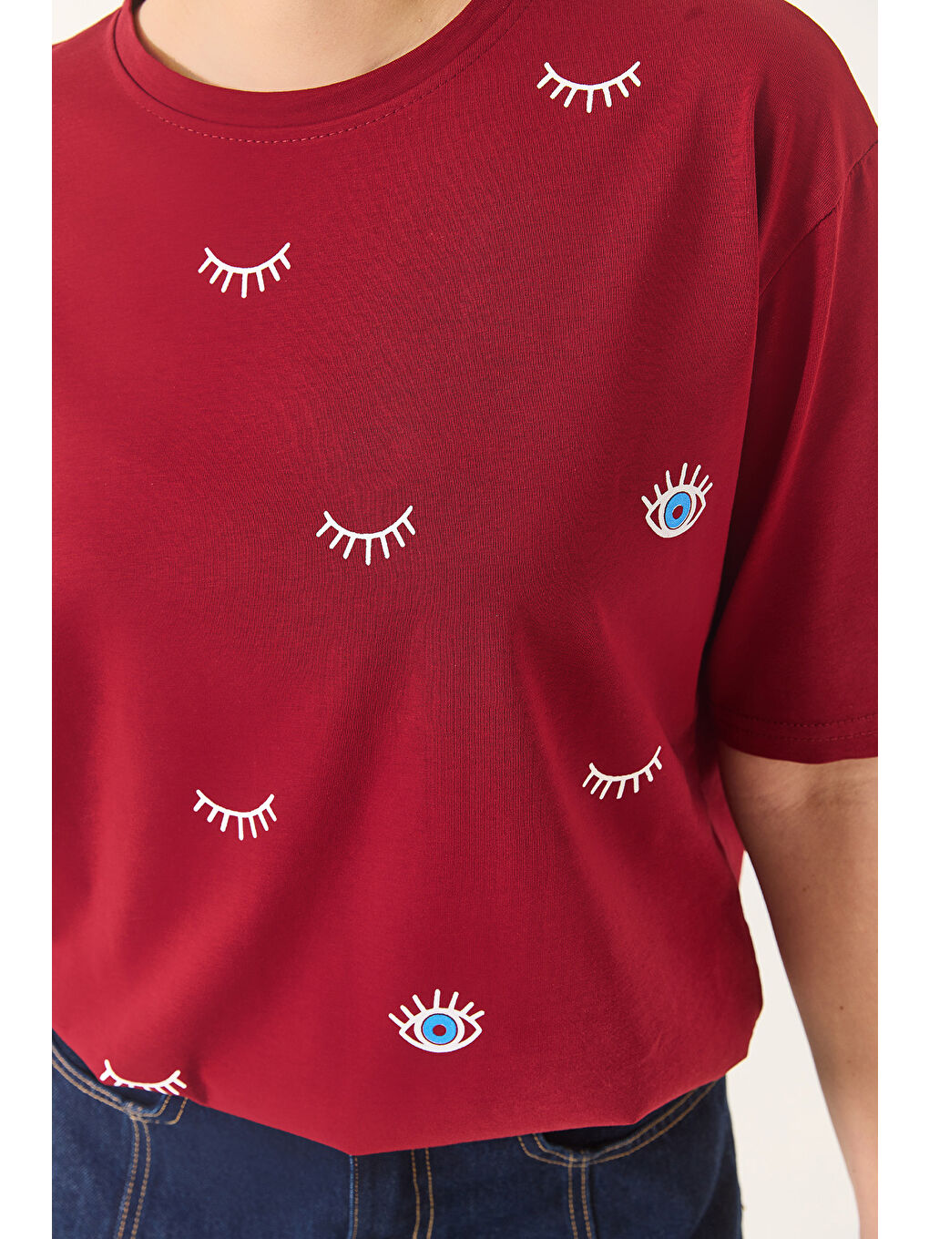 Bordo Kadın Göz Baskılı Kısa Kollu Pamuklu Oversize T-Shirt-6