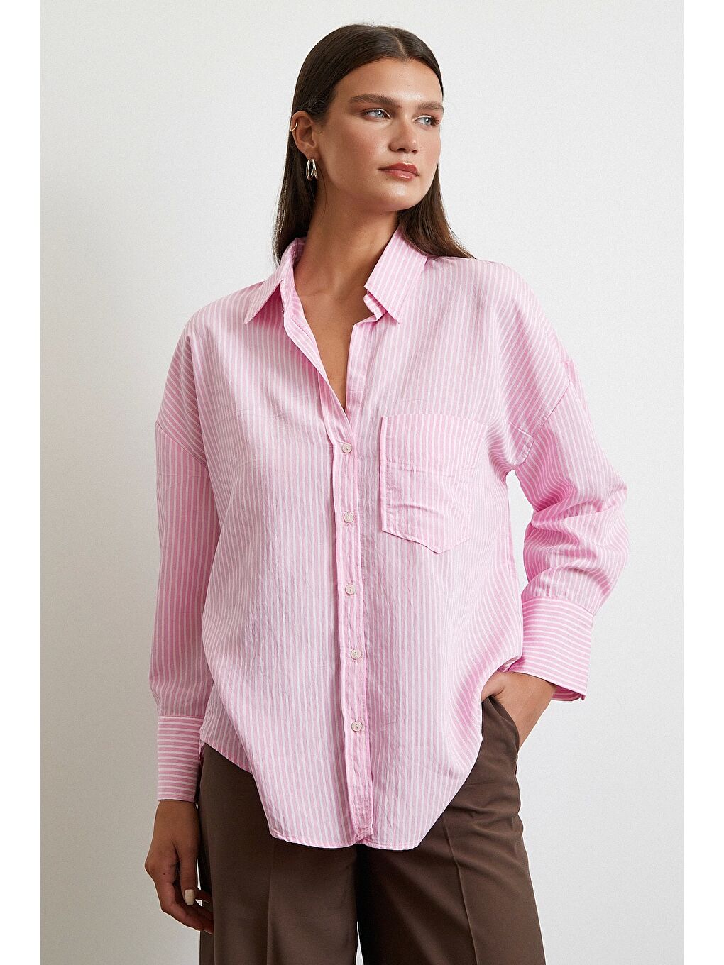 Çizgili Oversize Gömlek Pembe-2