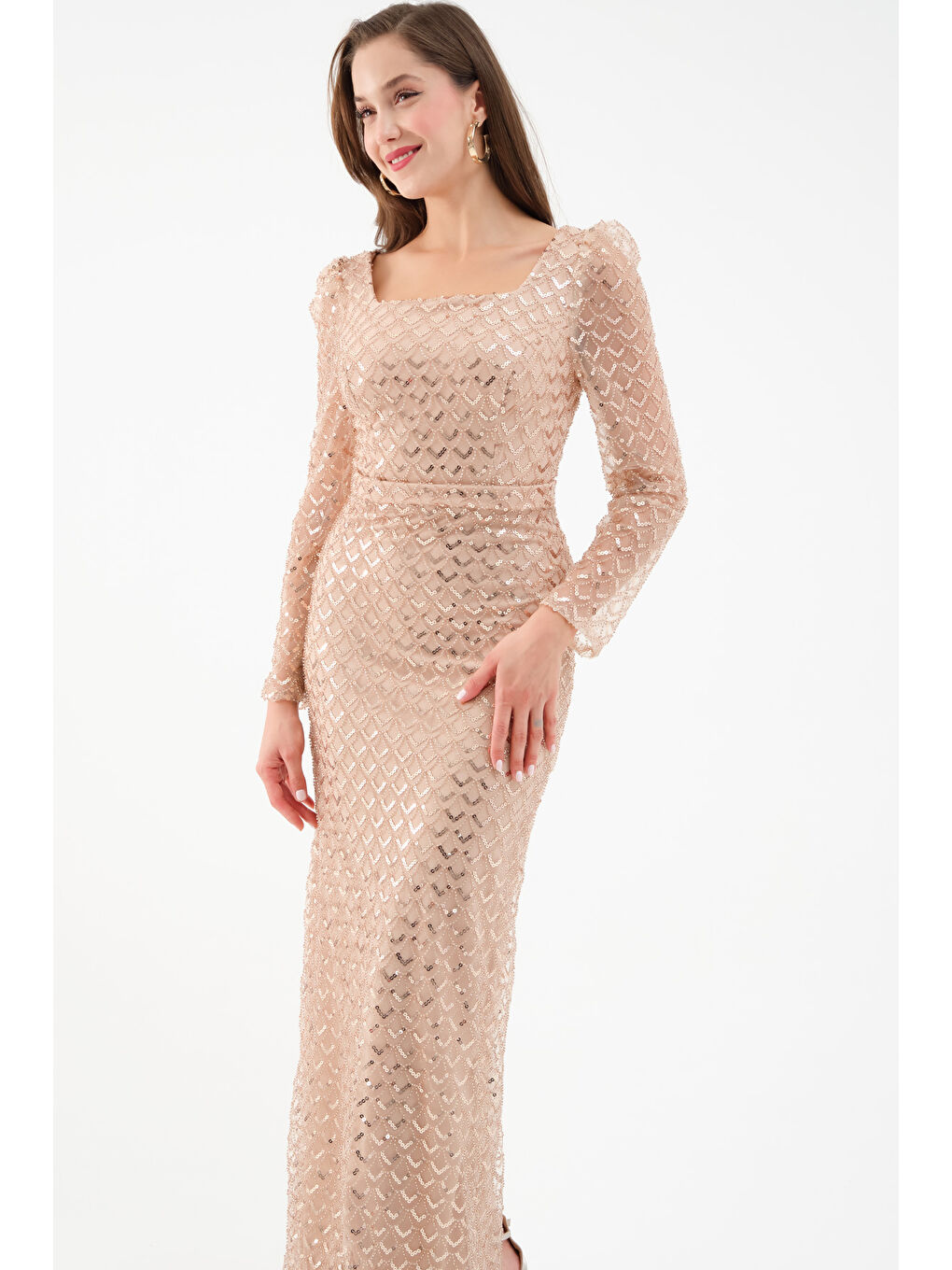 Kadın Bej Kare Yaka Uzun Kollu Boncuklu Uzun Abiye Elbise-3