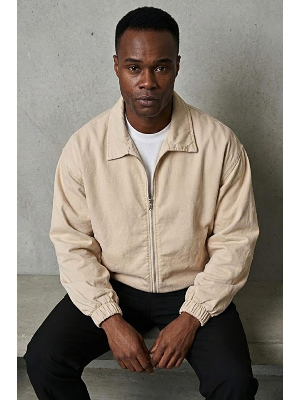 Bej Erkek Basic Gabardin Kumaş Fermuarlı Oversize Mevsimlik Polo Yaka Ceket