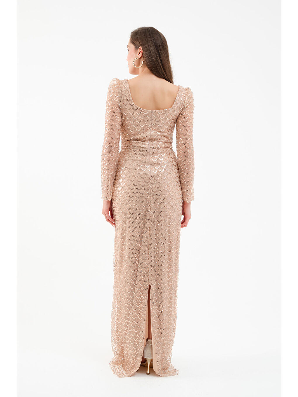 Kadın Bej Kare Yaka Uzun Kollu Boncuklu Uzun Abiye Elbise-4