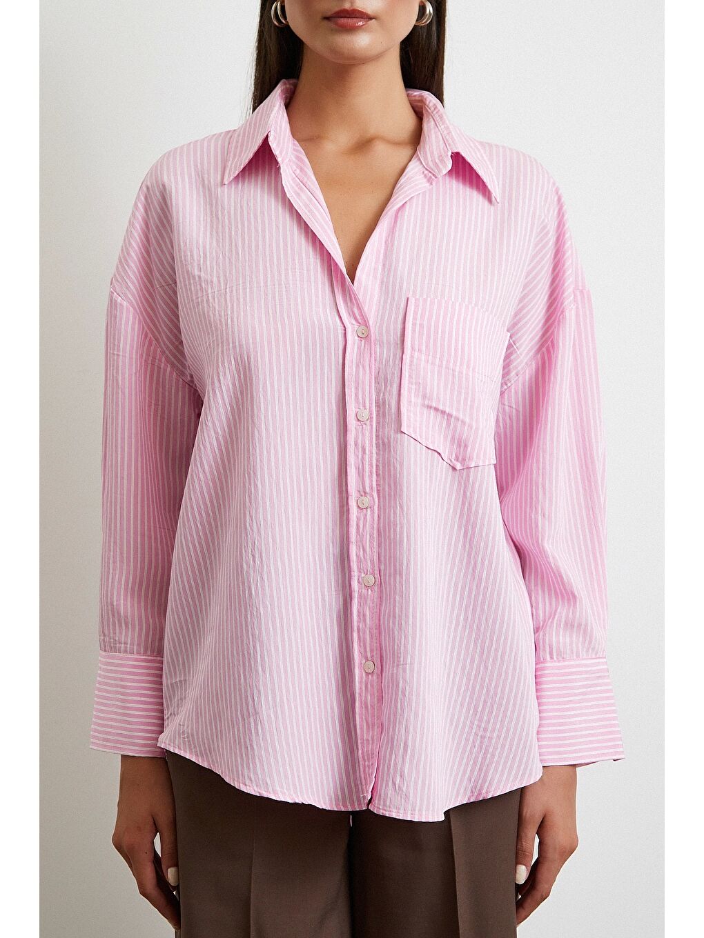 Çizgili Oversize Gömlek Pembe-3
