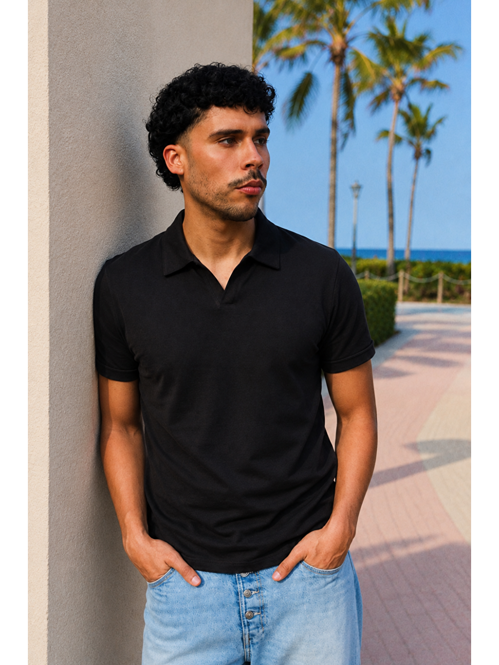 Erkek Trend Polo Yaka Günlük Siyah Tişört-4
