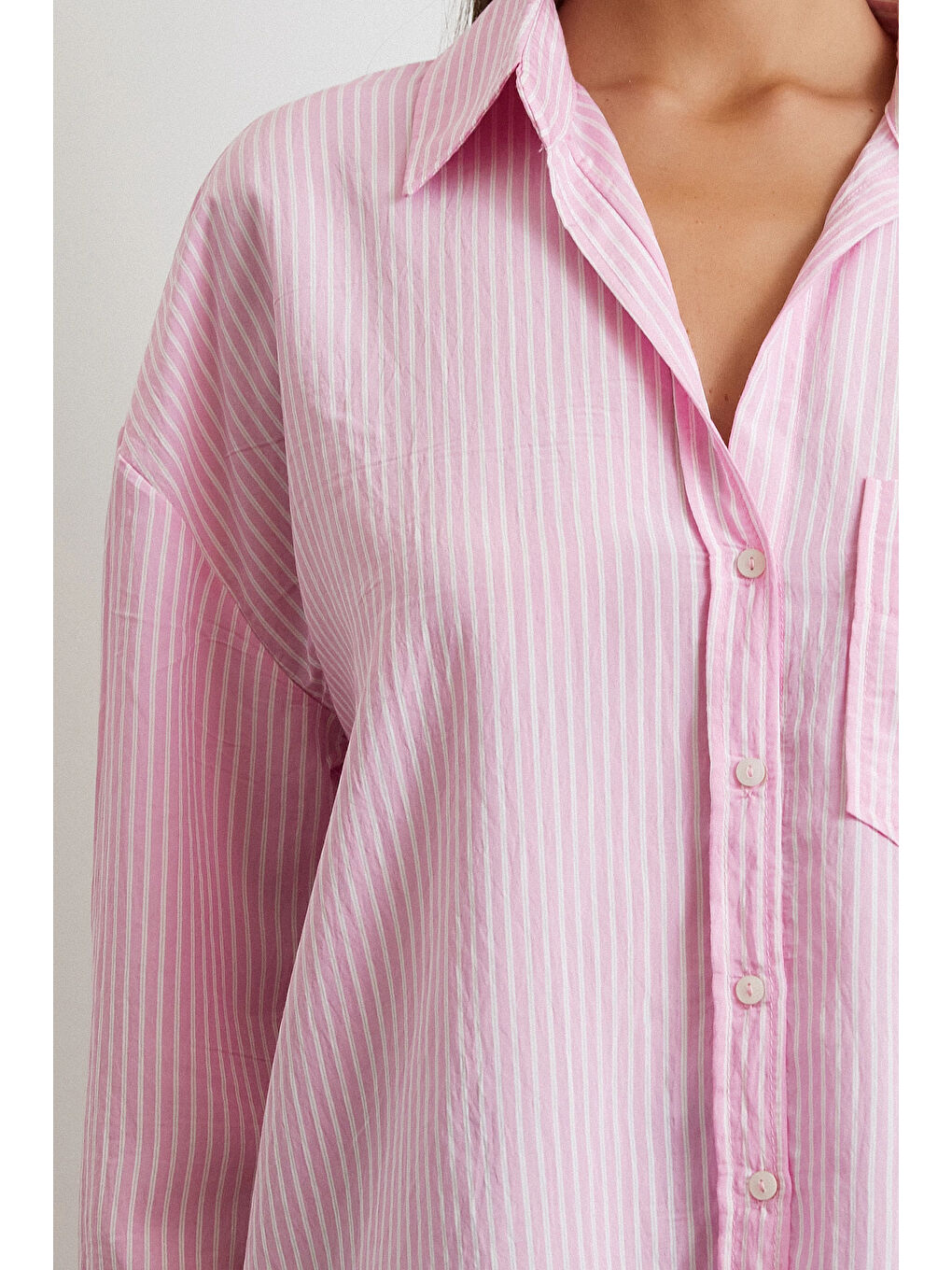 Çizgili Oversize Gömlek Pembe-4