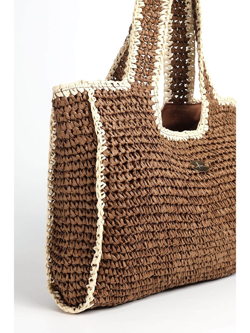 İmza Detaylı Çift Renk Kahverengi Bej Örme Hasır Çanta 1041-4