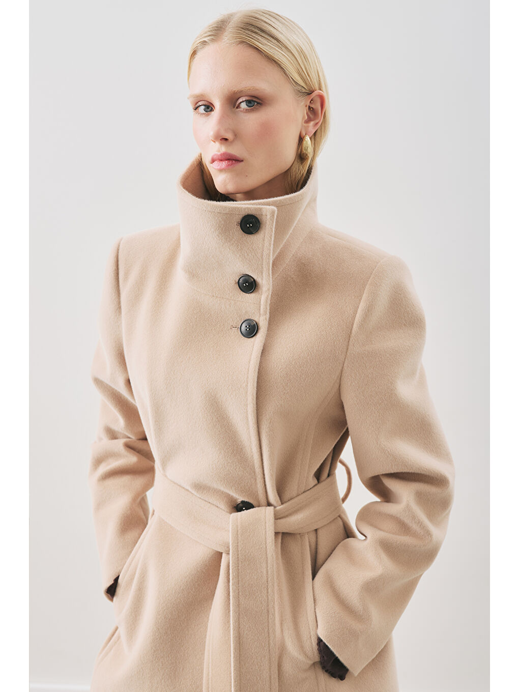 Premıum Kaşe Trench Tasarımlı Kaban Bej-3