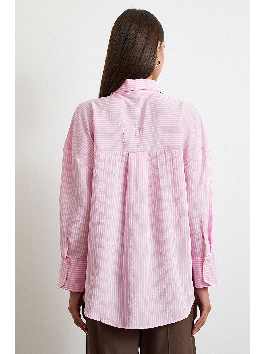 Çizgili Oversize Gömlek Pembe-5
