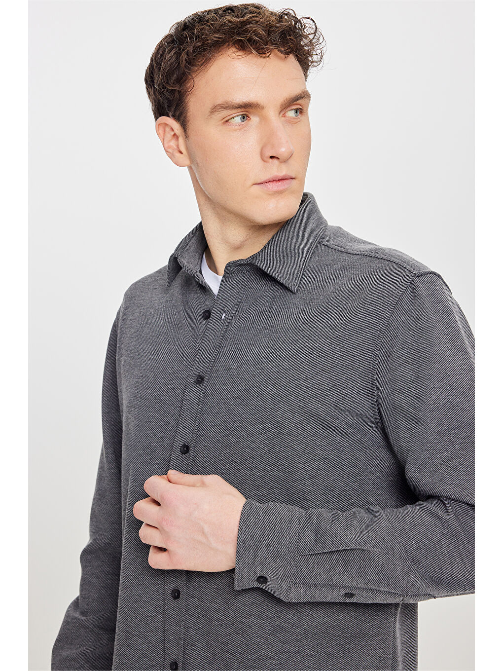Erkek Antrasit Pamuklu Comfort Fit Rahat Kesim Klasik Yaka Örme Gömlek-3