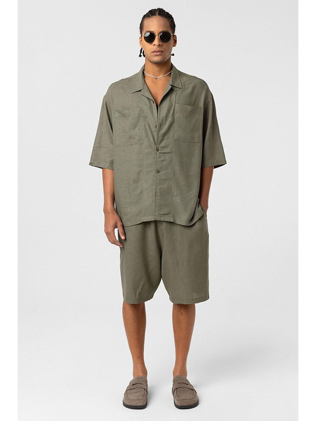 Çift Cepli Oversize Keten Gömlek Haki