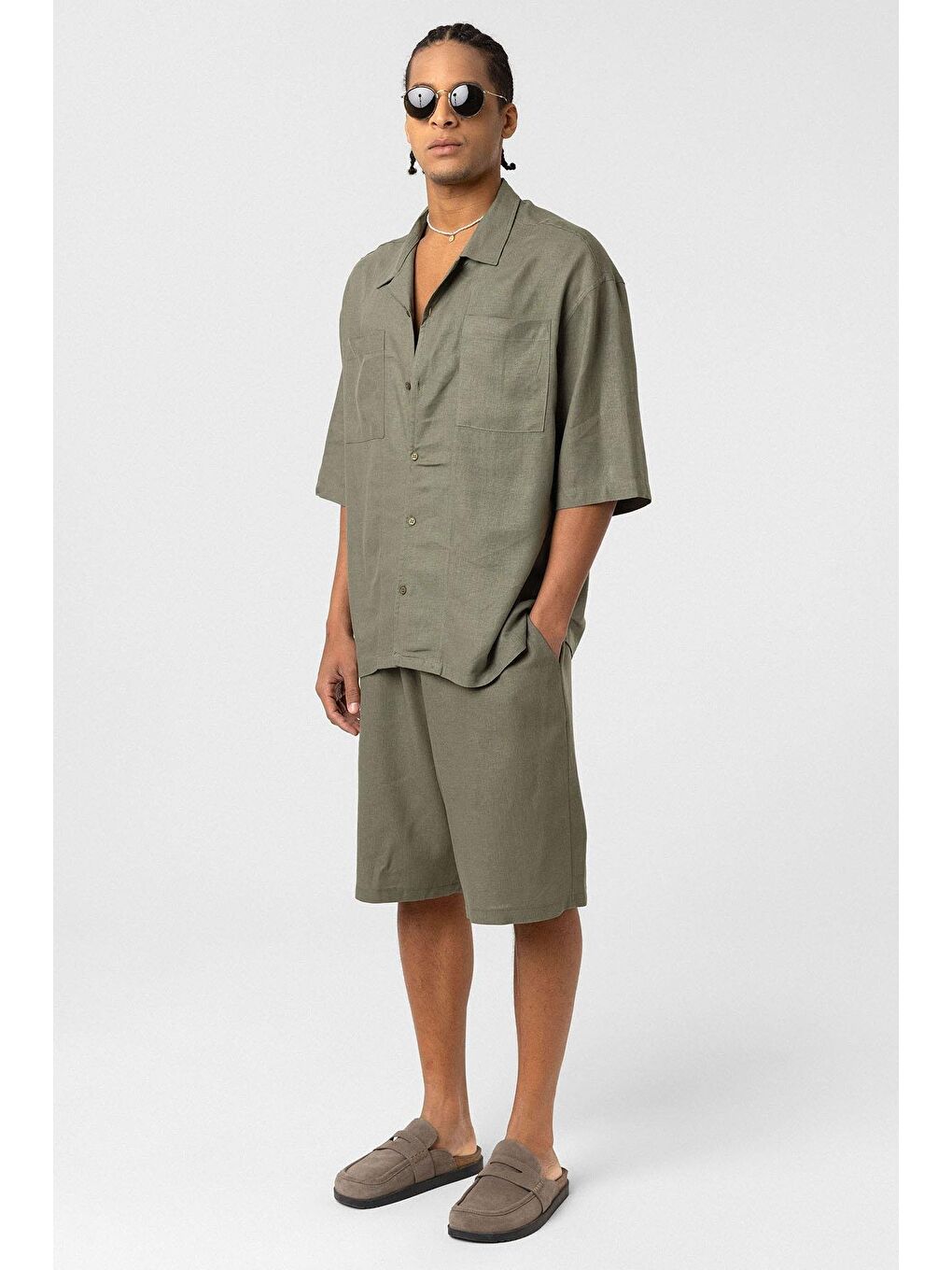 Çift Cepli Oversize Keten Gömlek Haki-1