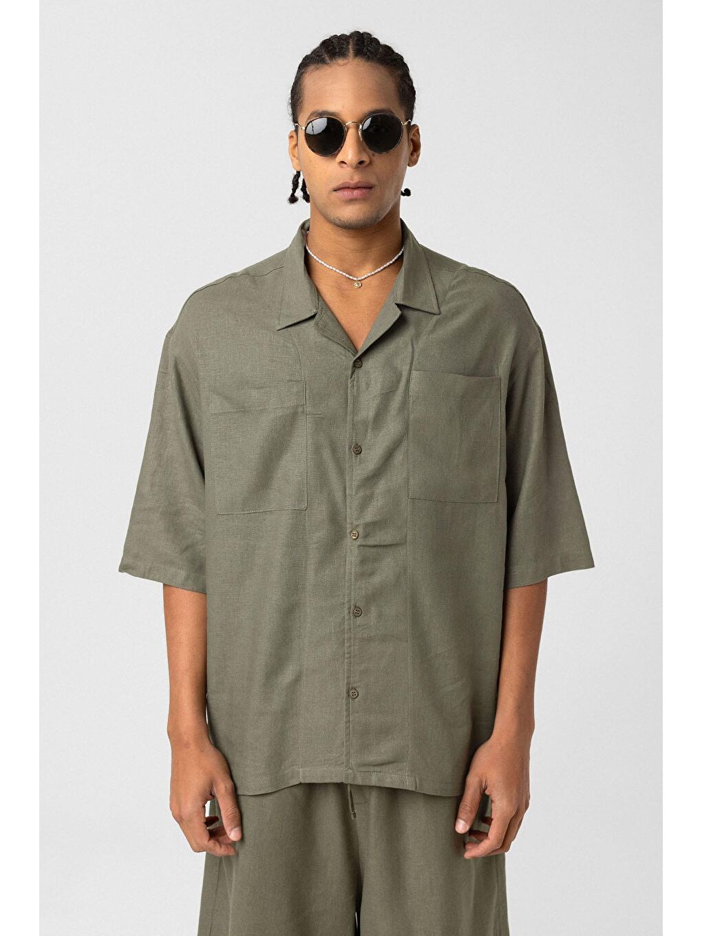 Çift Cepli Oversize Keten Gömlek Haki-2