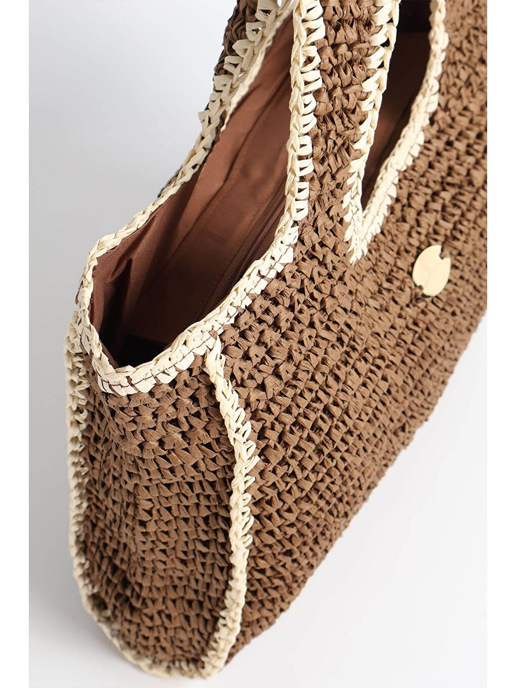 İmza Detaylı Çift Renk Kahverengi Bej Örme Hasır Çanta 1041-5