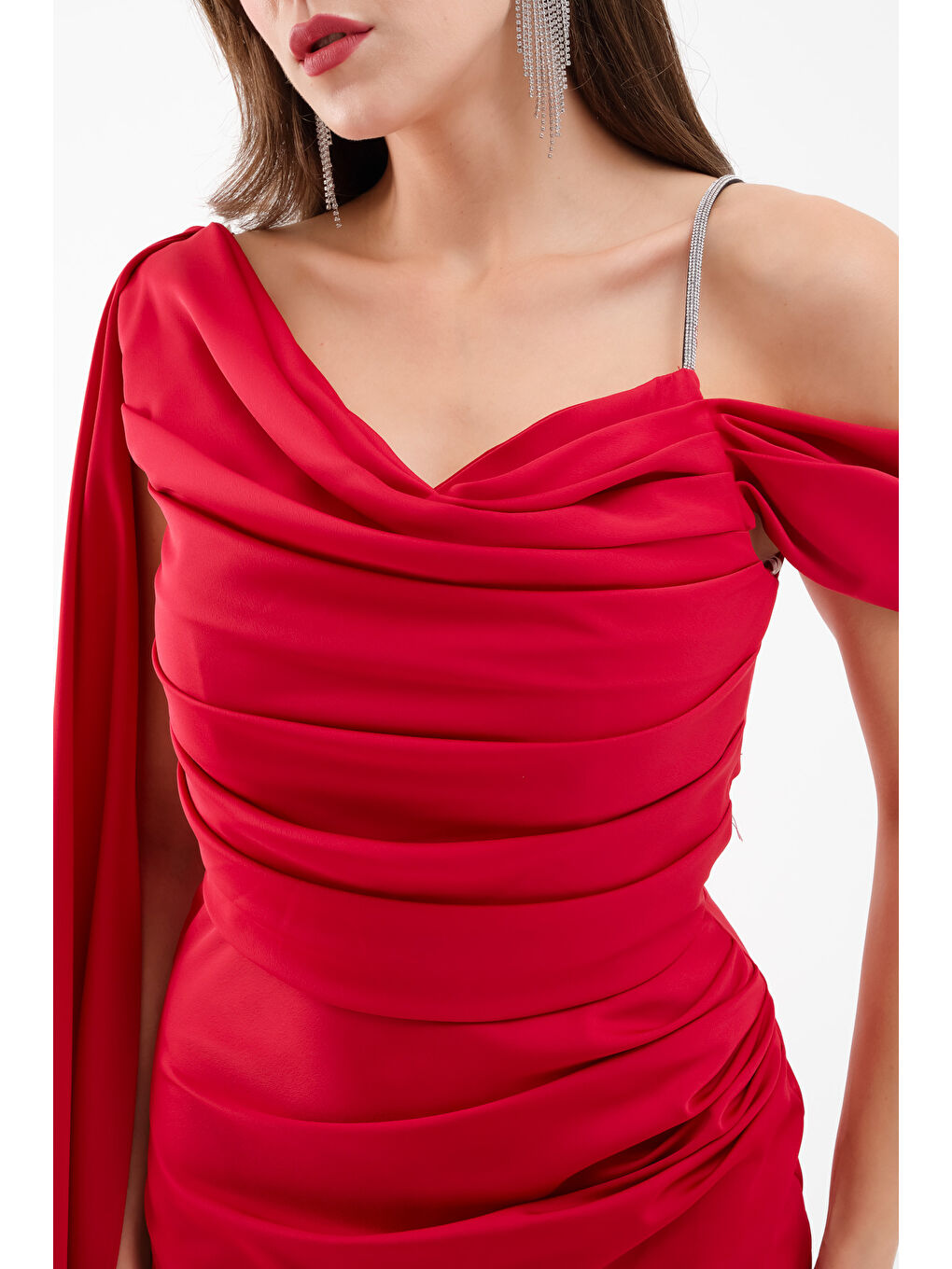 Kadın Bordo Tek Omuzlu Taş Askılı Uzun Saten Abiye Elbise-3