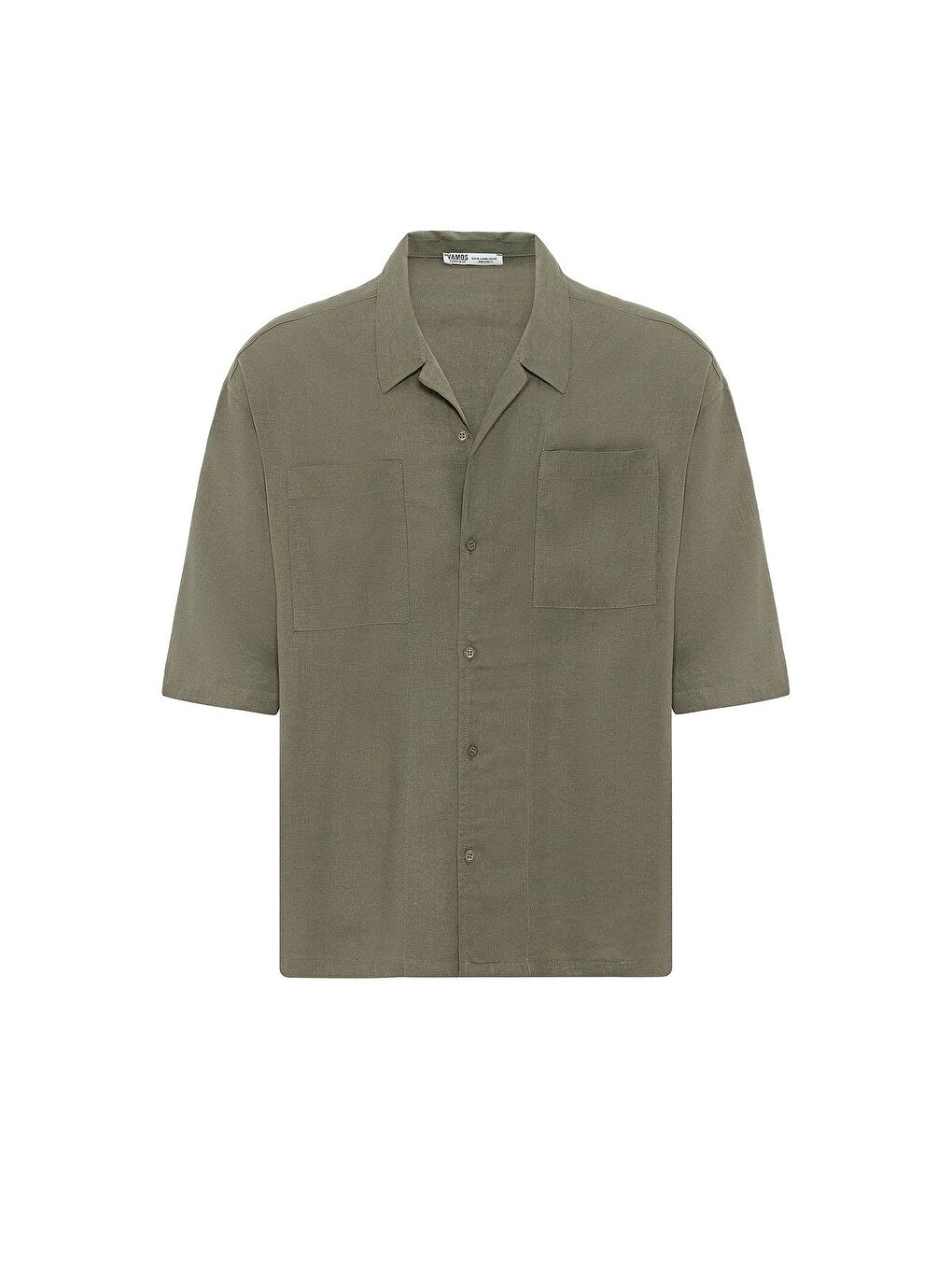 Çift Cepli Oversize Keten Gömlek Haki-3