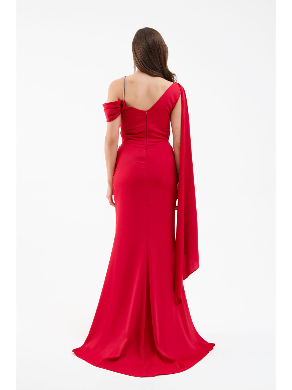 Kadın Bordo Tek Omuzlu Taş Askılı Uzun Saten Abiye Elbise-4