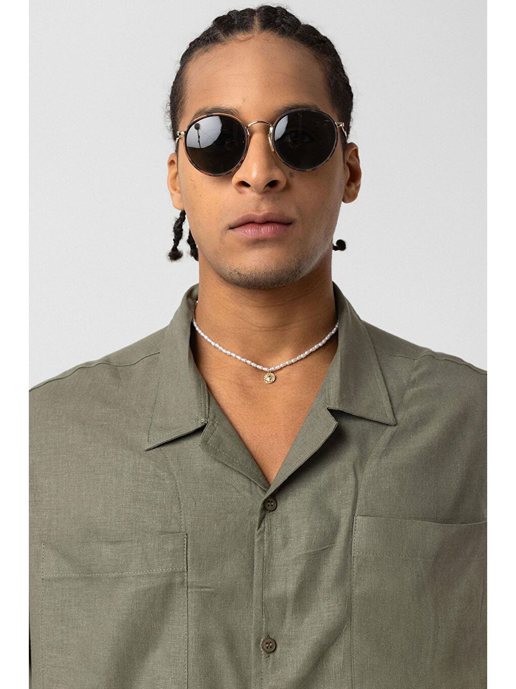 Çift Cepli Oversize Keten Gömlek Haki-4