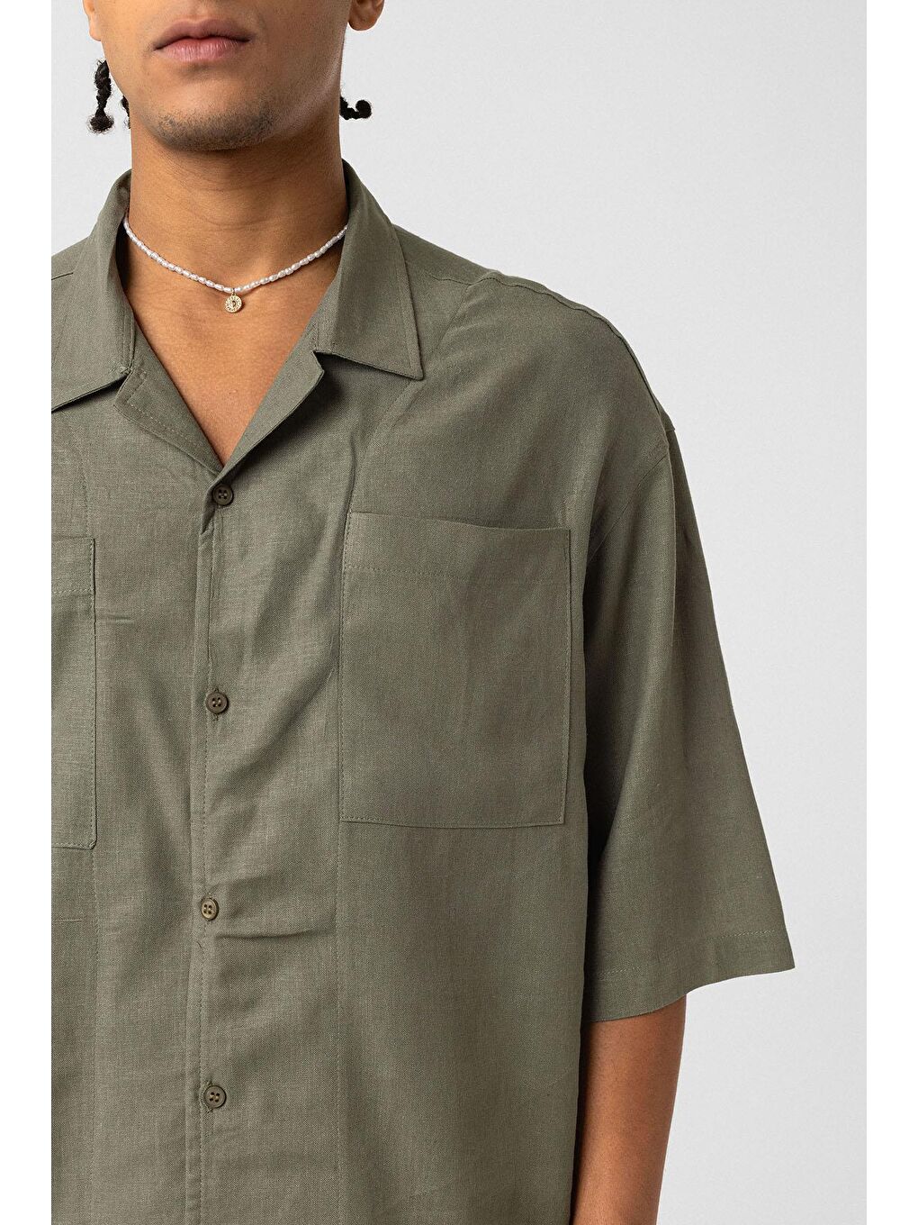 Çift Cepli Oversize Keten Gömlek Haki-5