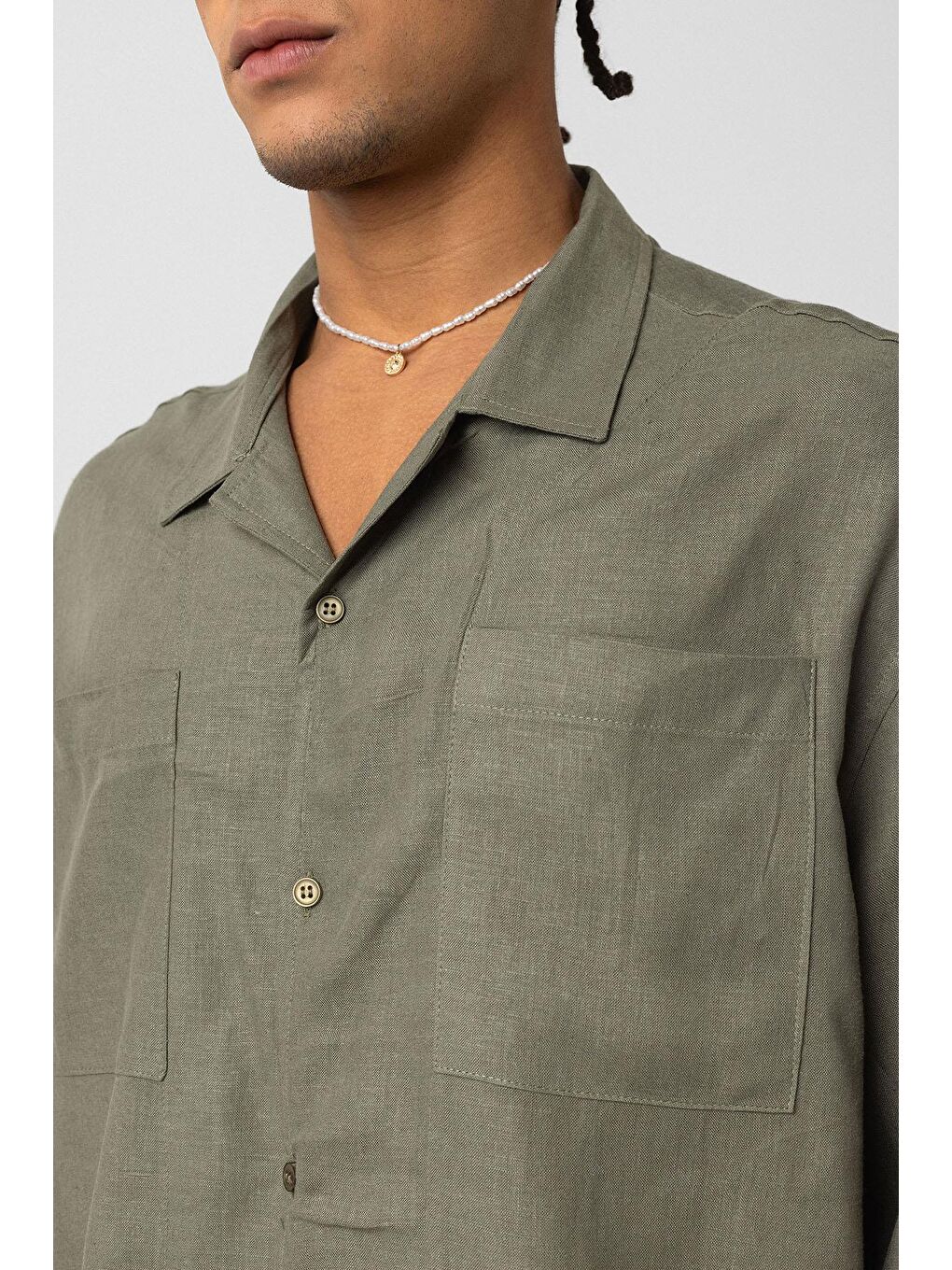 Çift Cepli Oversize Keten Gömlek Haki-6