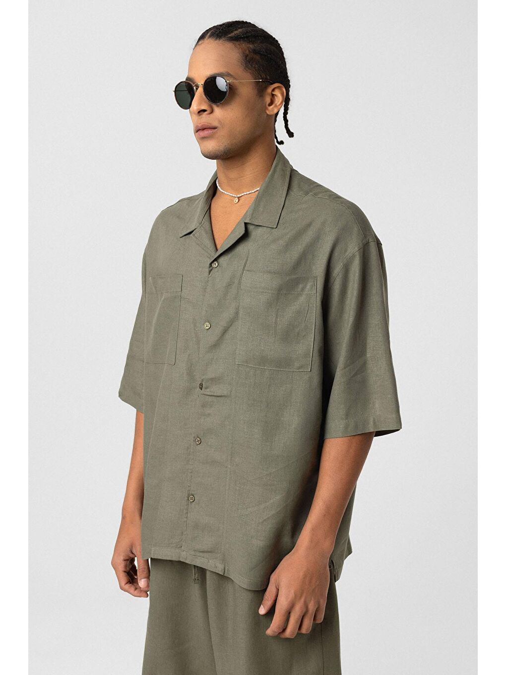 Çift Cepli Oversize Keten Gömlek Haki-7