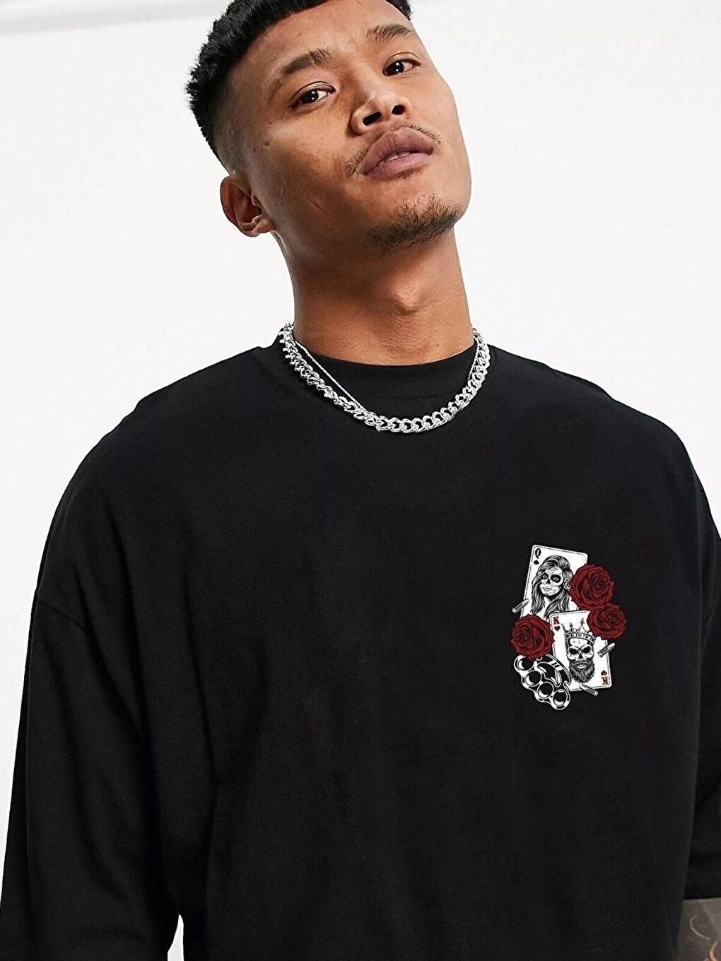 Card Baskılı Siyah Oversize Erkek Kısa Kollu Tişört-1