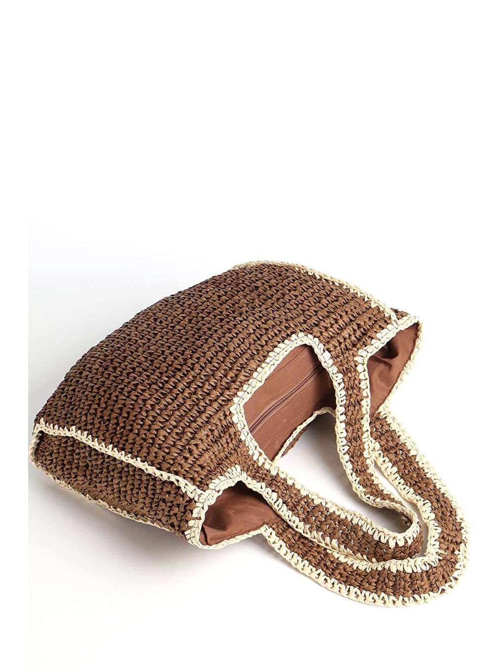 İmza Detaylı Çift Renk Kahverengi Bej Örme Hasır Çanta 1041-6
