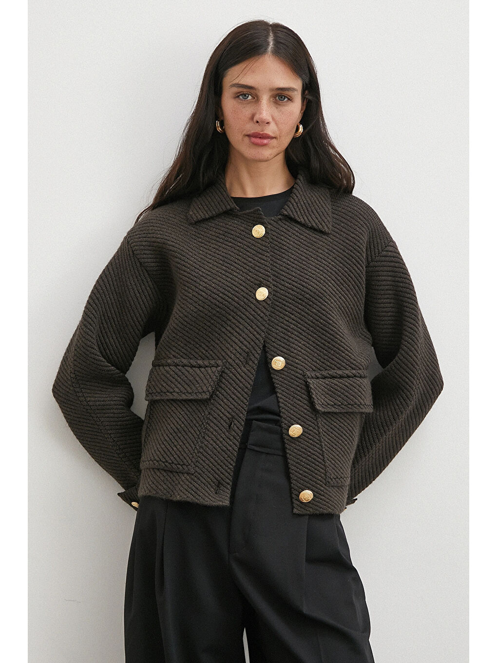 Karışık Polo Yaka Cepli Gold Düğmeli Ceket Kahve-1