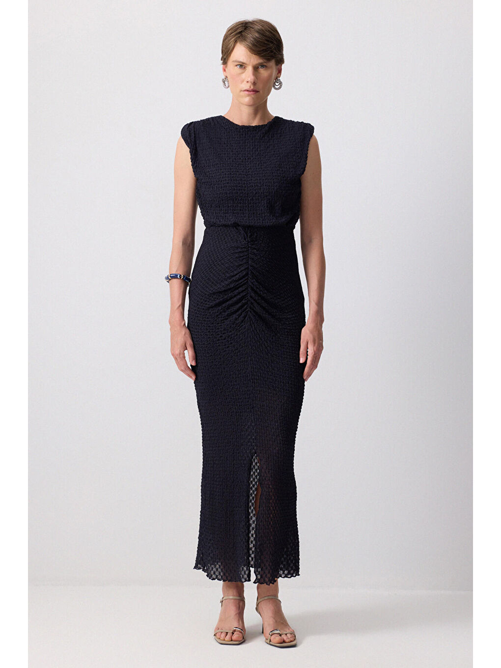 Lacivert Büzgü Detaylı Elbise