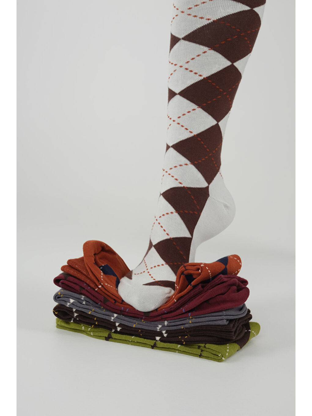 Baklava Desen Diz Altı Çorap Ekru-Kahve