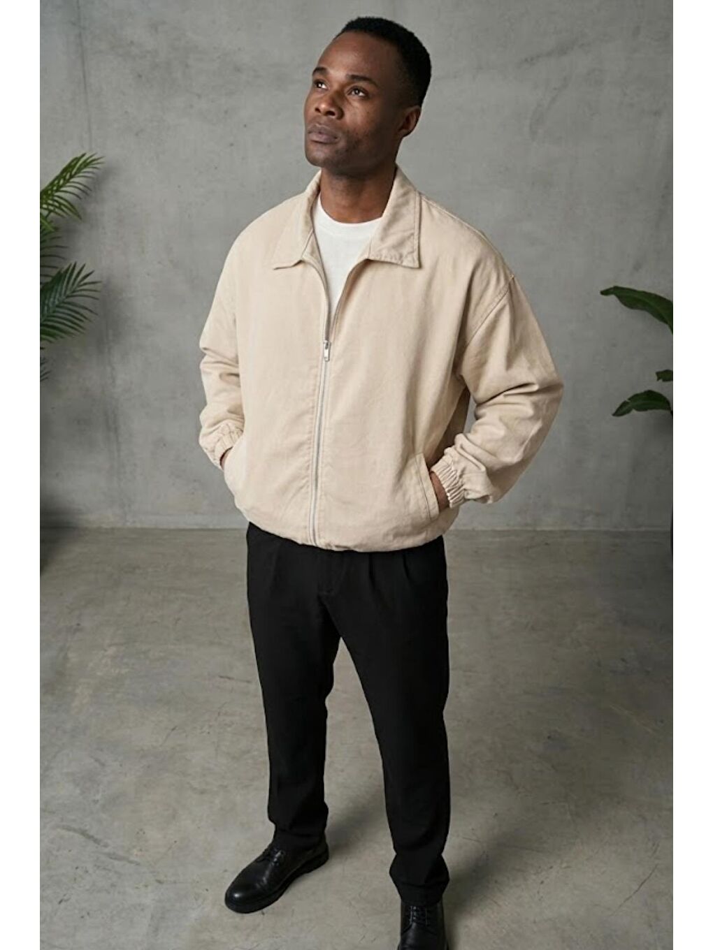 Bej Erkek Basic Gabardin Kumaş Fermuarlı Oversize Mevsimlik Polo Yaka Ceket-2