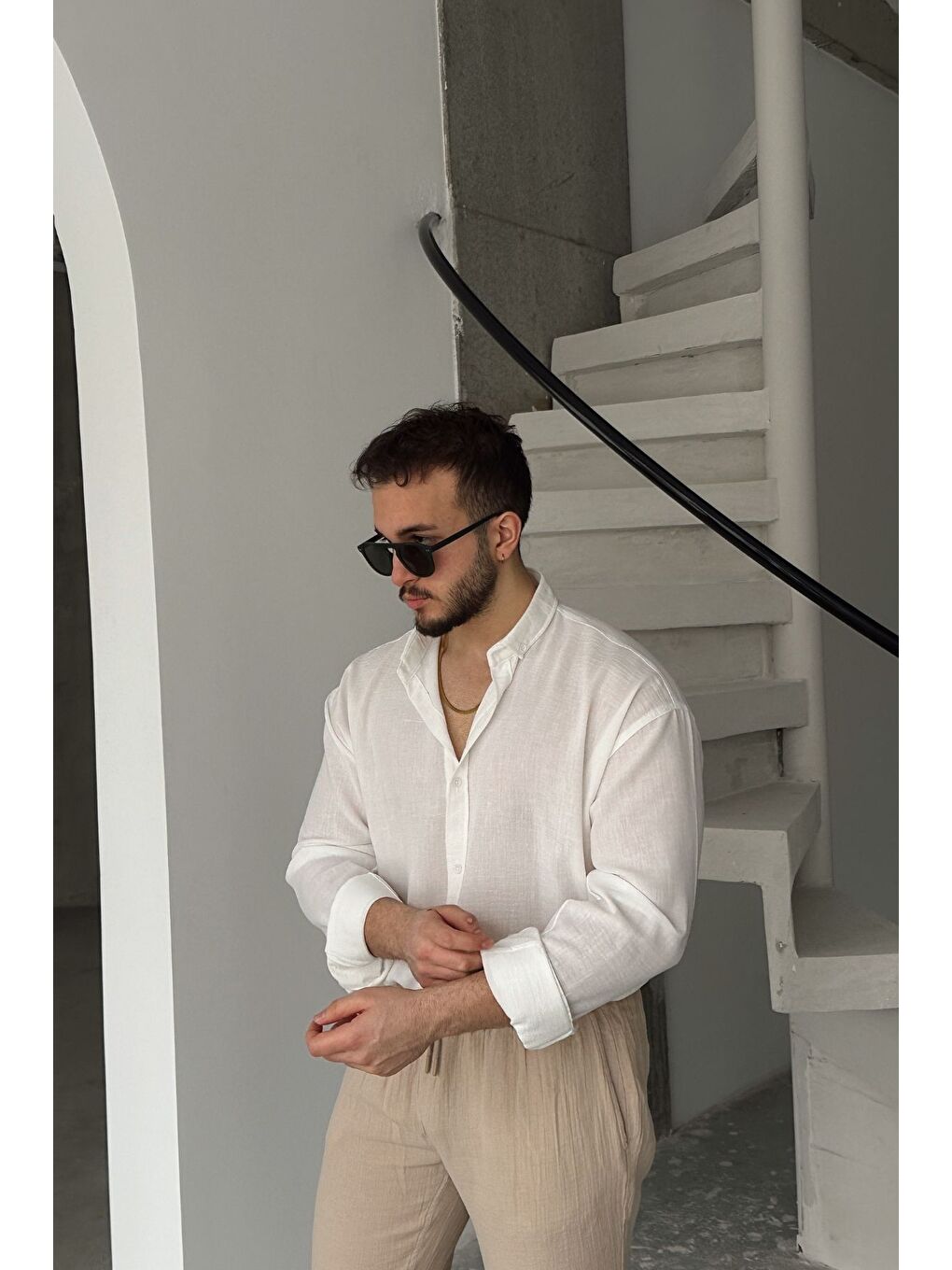 Beyaz Napas Erkek Oversize Keten Görünümlü Gömlek-1