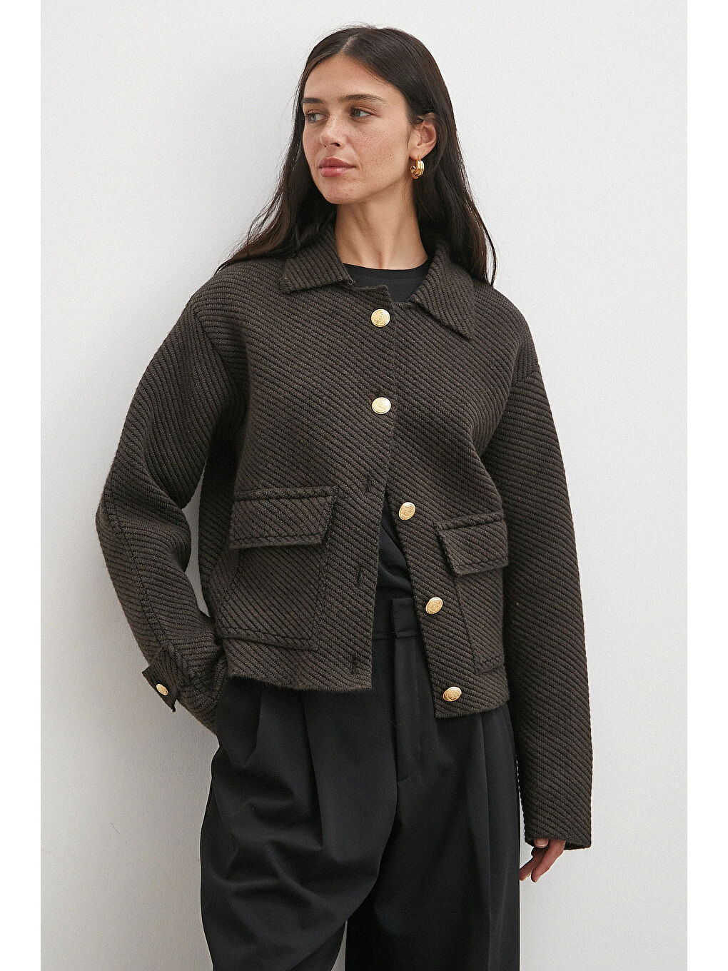 Karışık Polo Yaka Cepli Gold Düğmeli Ceket Kahve-2