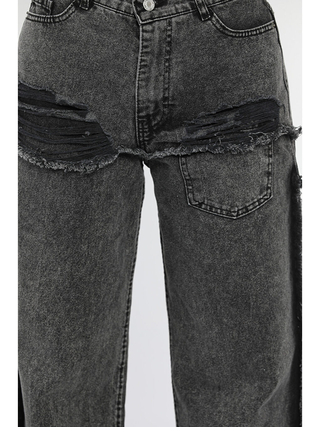 Antrasit Püsküllü Tarz Kadın Bol Paça Jean Pantolon-2