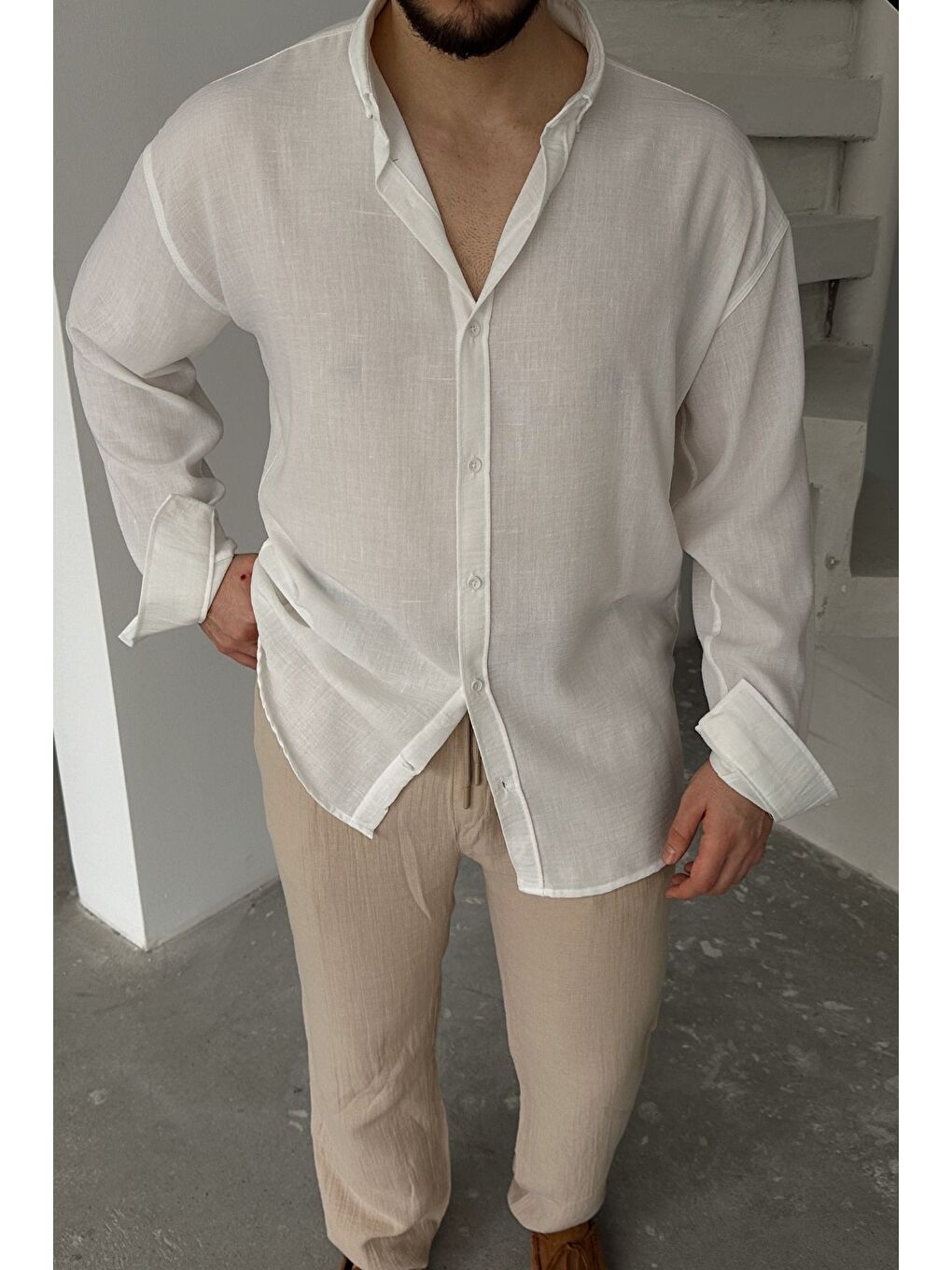 Beyaz Napas Erkek Oversize Keten Görünümlü Gömlek-2