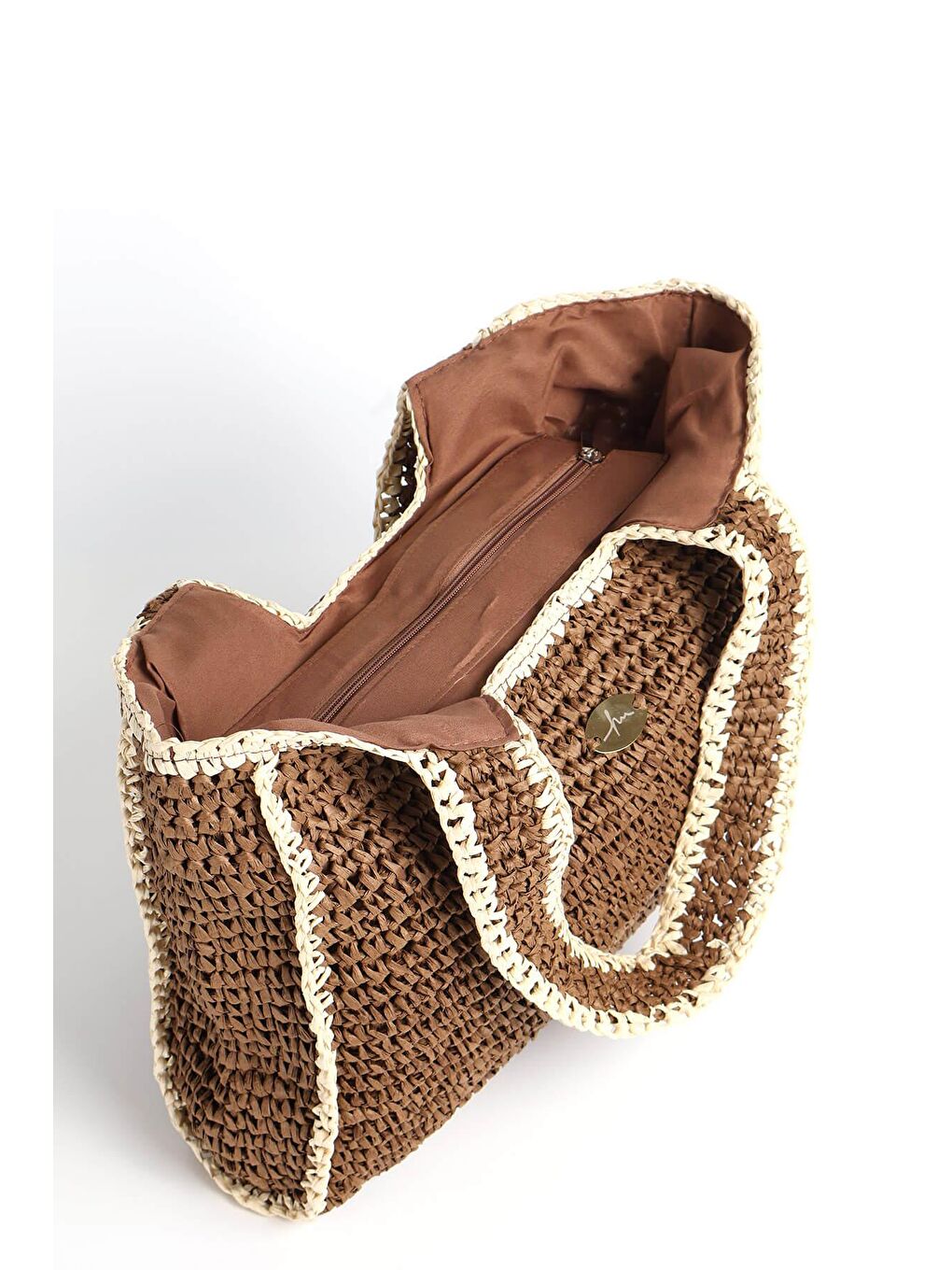 İmza Detaylı Çift Renk Kahverengi Bej Örme Hasır Çanta 1041-7