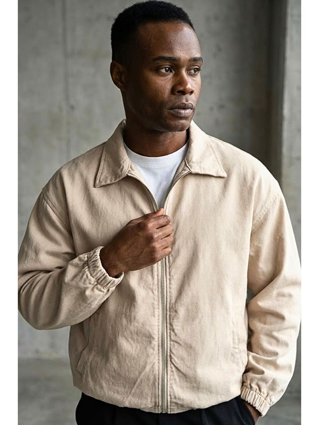 Bej Erkek Basic Gabardin Kumaş Fermuarlı Oversize Mevsimlik Polo Yaka Ceket-3