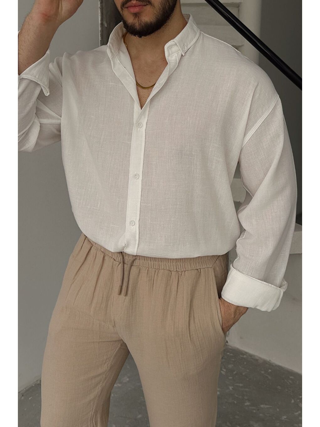 Beyaz Napas Erkek Oversize Keten Görünümlü Gömlek-3