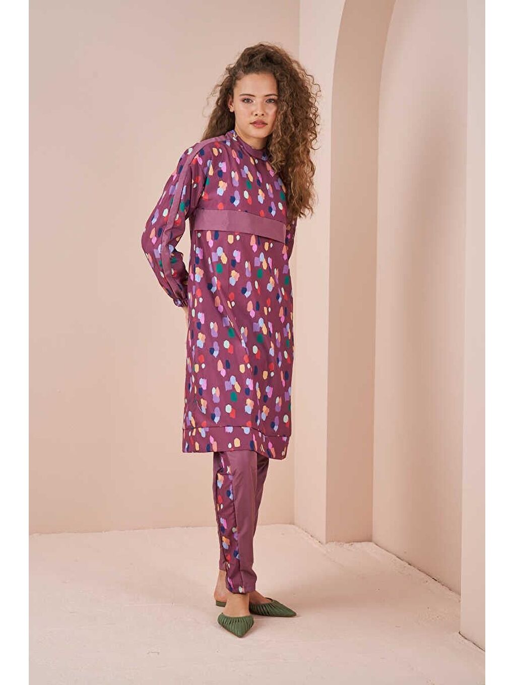 Pembe Puantiye Desen Tesettür Mayo Kısa Gül Kurusu