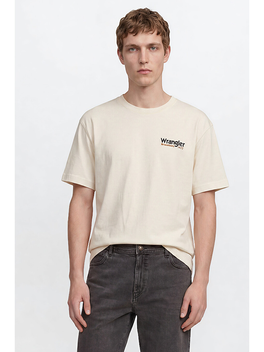Bej %100 Pamuk Relaxed Fit Rahat Kesim Bisiklet Yaka Logo Detaylı Tişört-1