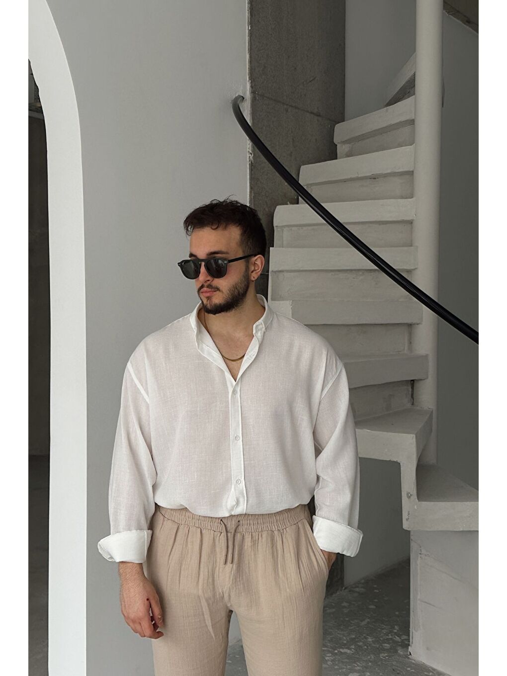 Beyaz Napas Erkek Oversize Keten Görünümlü Gömlek-4