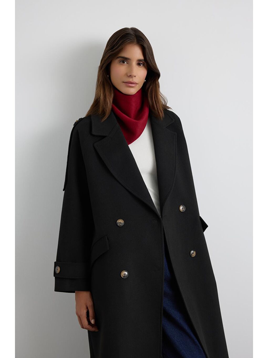 Kruvaze Yaka Apolet Detaylı Kaşe Kaban Siyah-3