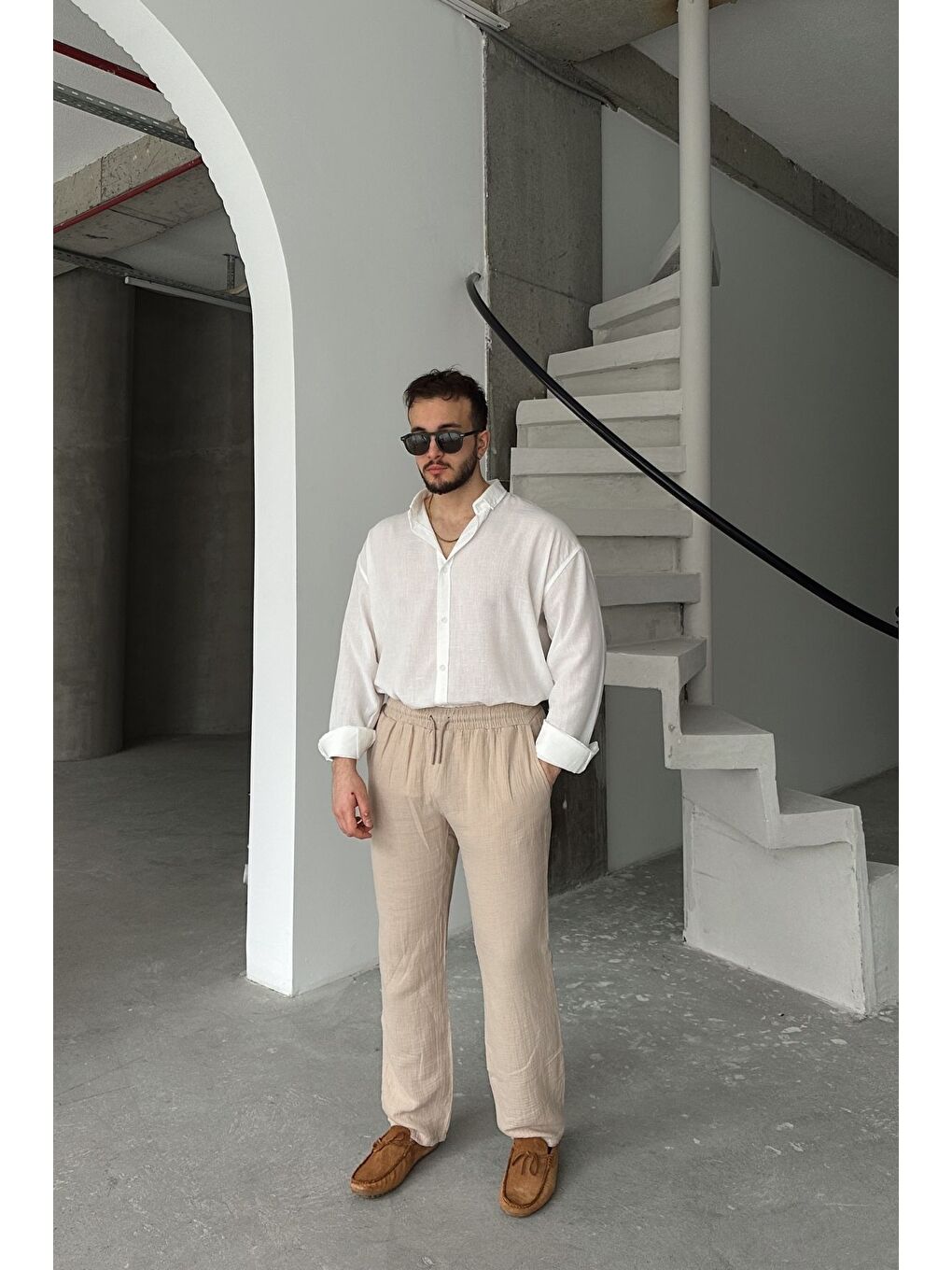 Beyaz Napas Erkek Oversize Keten Görünümlü Gömlek-5